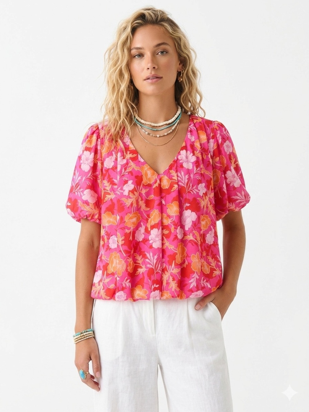 Pleione Pink and Orange Floral V-Neck Puff Sleeve Top